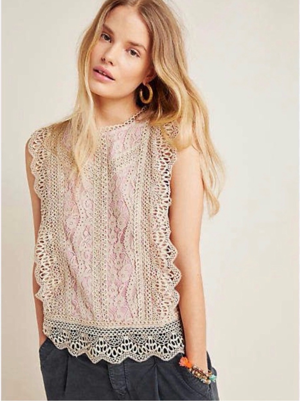 Erin + Ali Anthropologie Lace Overlay Top XS Tan Rose Romantic Vintage Vibes
